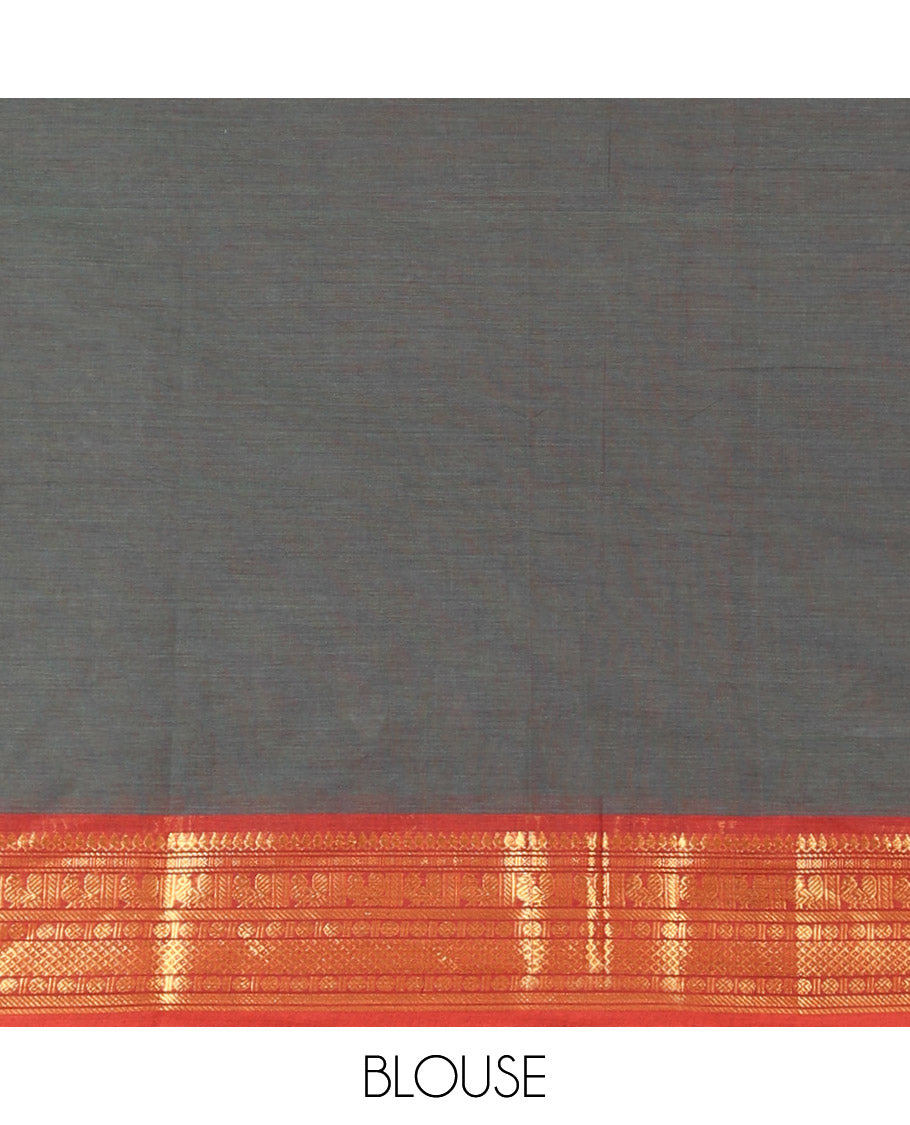 Green Plain Chettinad Cotton Saree, Complemented by a Contrast Traditional Motifs Woven Zari Temple Border, and Subtly Striped Pallu