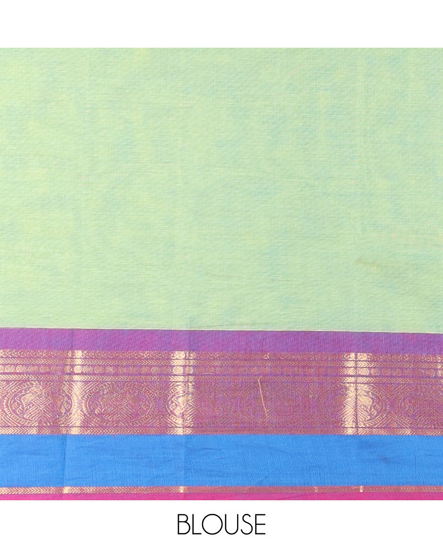 Green Chettinad Cotton Saree, Finely Designed with Buttas, Complemented by a Contrast Traditional Zari Design Woven Rettai Pettu Border, and a Pallu of Stripes and Buttas