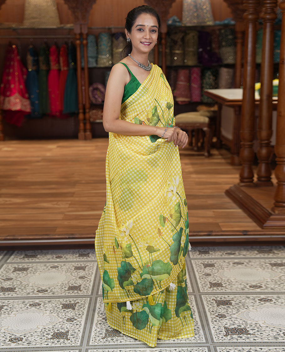 Borderless Yellow Linen Cotton Saree, Adorned with Micro-Checks and Pichwai Lotus Print, a Subtle Pallu, and a Matching Blouse