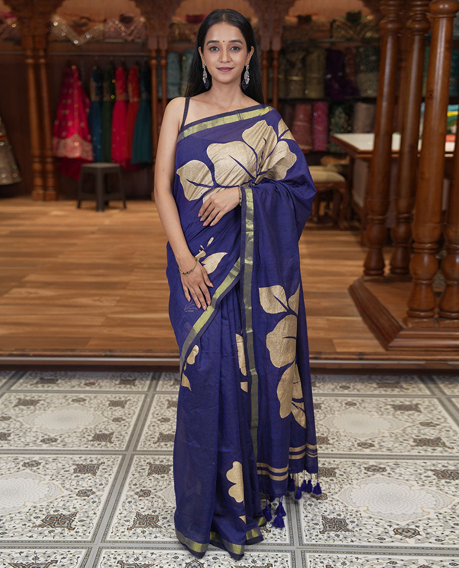 Borderless Navy Blue Khadi Mul Cotton Saree, Elevated with Big Floral Motifs on Its Body, a Self-Pallu, and Paired with a Matching Blouse