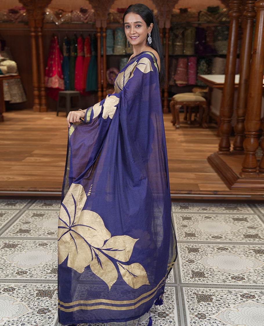 Borderless Navy Blue Khadi Mul Cotton Saree, Elevated with Big Floral Motifs on Its Body, a Self-Pallu, and Paired with a Matching Blouse