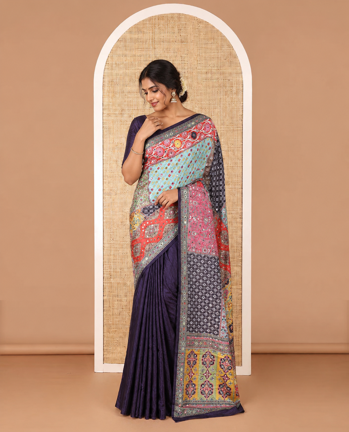 Multi-color printed, mirror work synon silk saree with printed border & printed rich pallu along with plain blouse