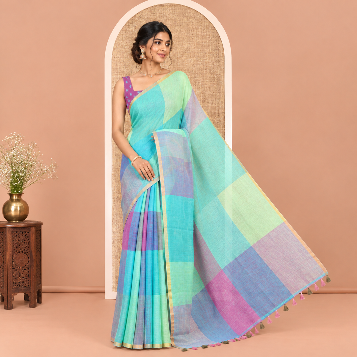 Borderless Rama Linen Cotton Saree, Macro-Checked Design on Its Body, a Self-Pallu, and Contrast-Printed Blouse