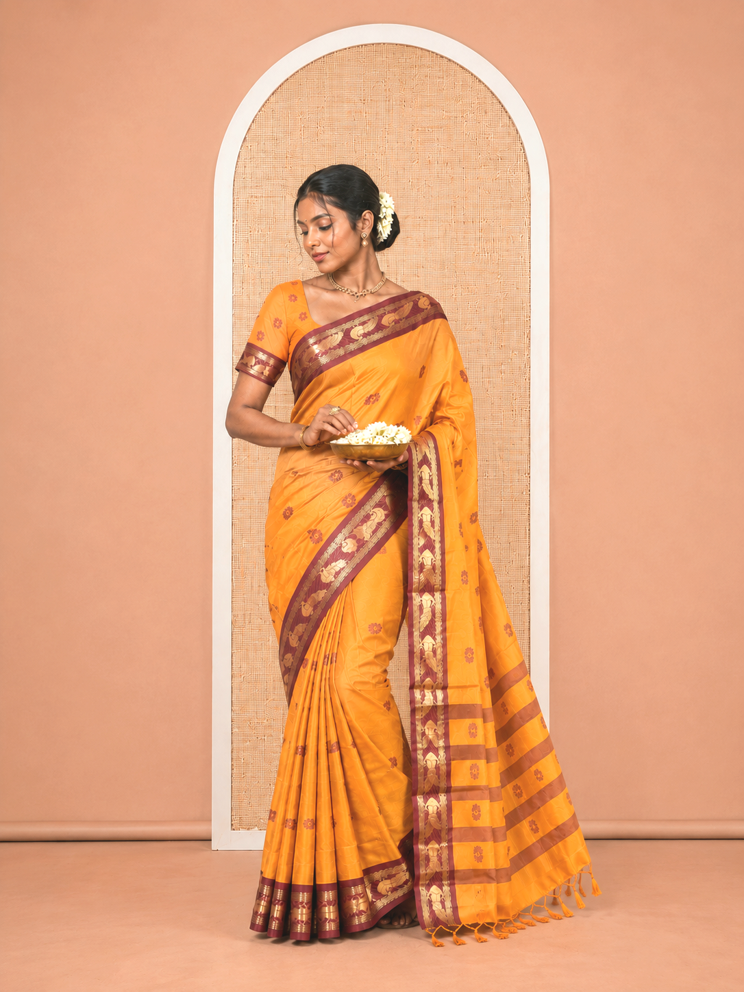 Mustard Peacock Buttas Semi-Soft Silk Saree, Contrast Peacock Border, Buttas Pallu, Matching Blouse