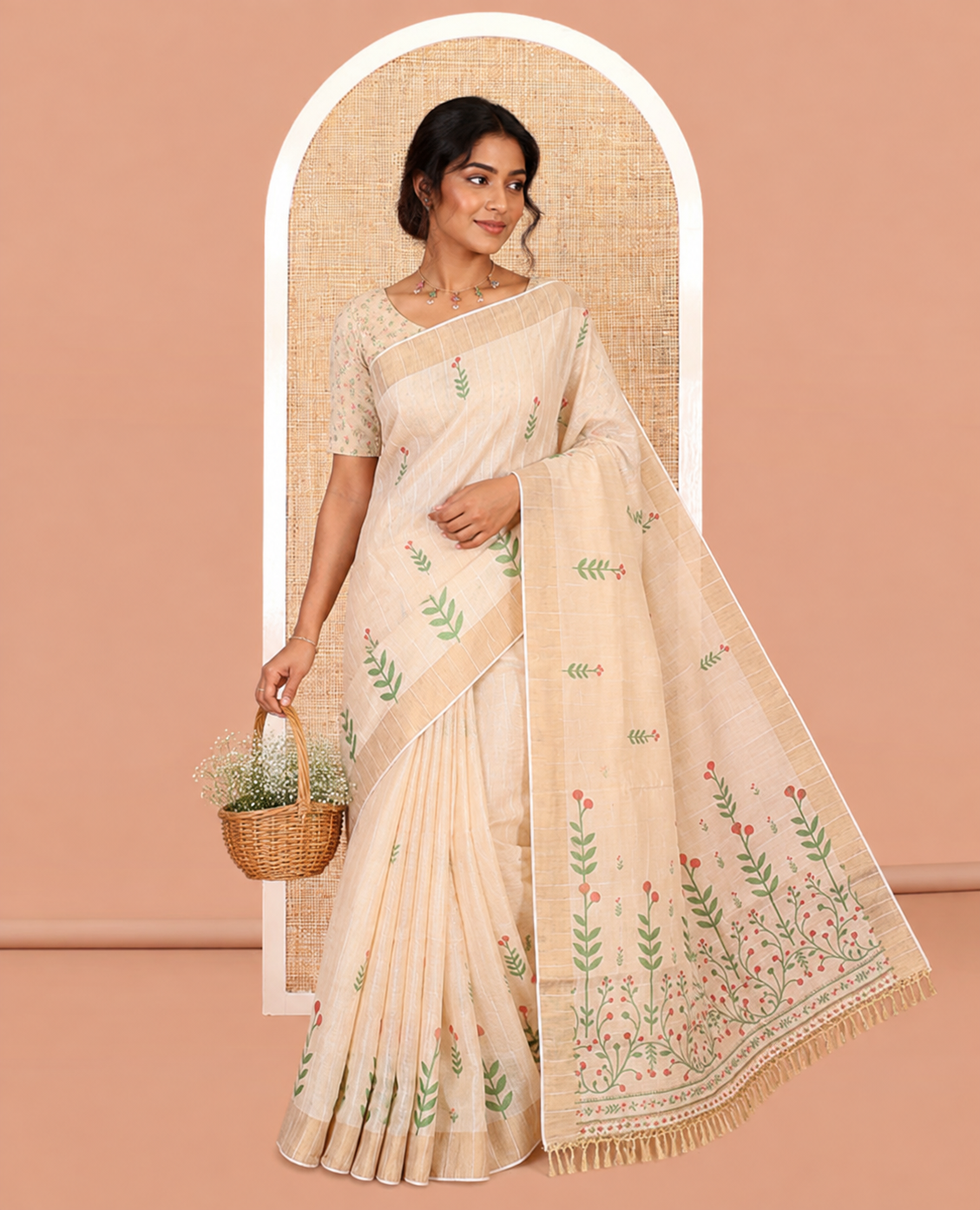 Cream-Red Tissue Linen Cotton Saree Features Floral Buttas, a Zari Border, Floral Pallu, Matching Blouse