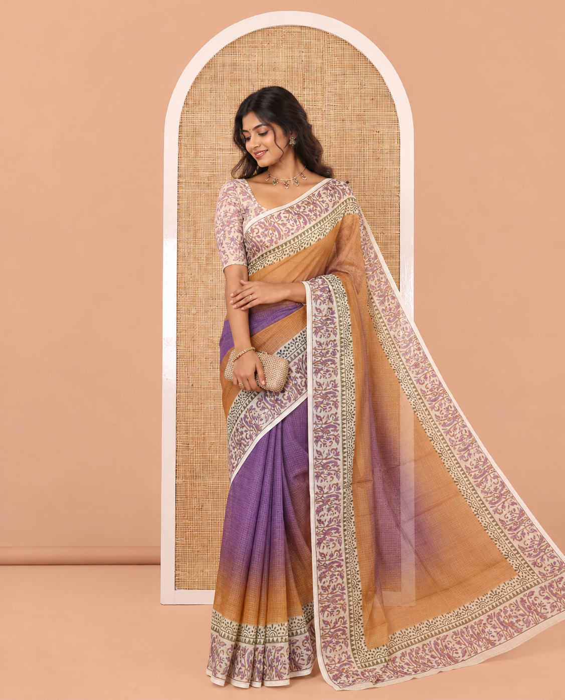 Violet Plain Ombre-Styled Kota Doria Saree, a Contrast Floral Printed Border, and a Contrast Printed Blouse