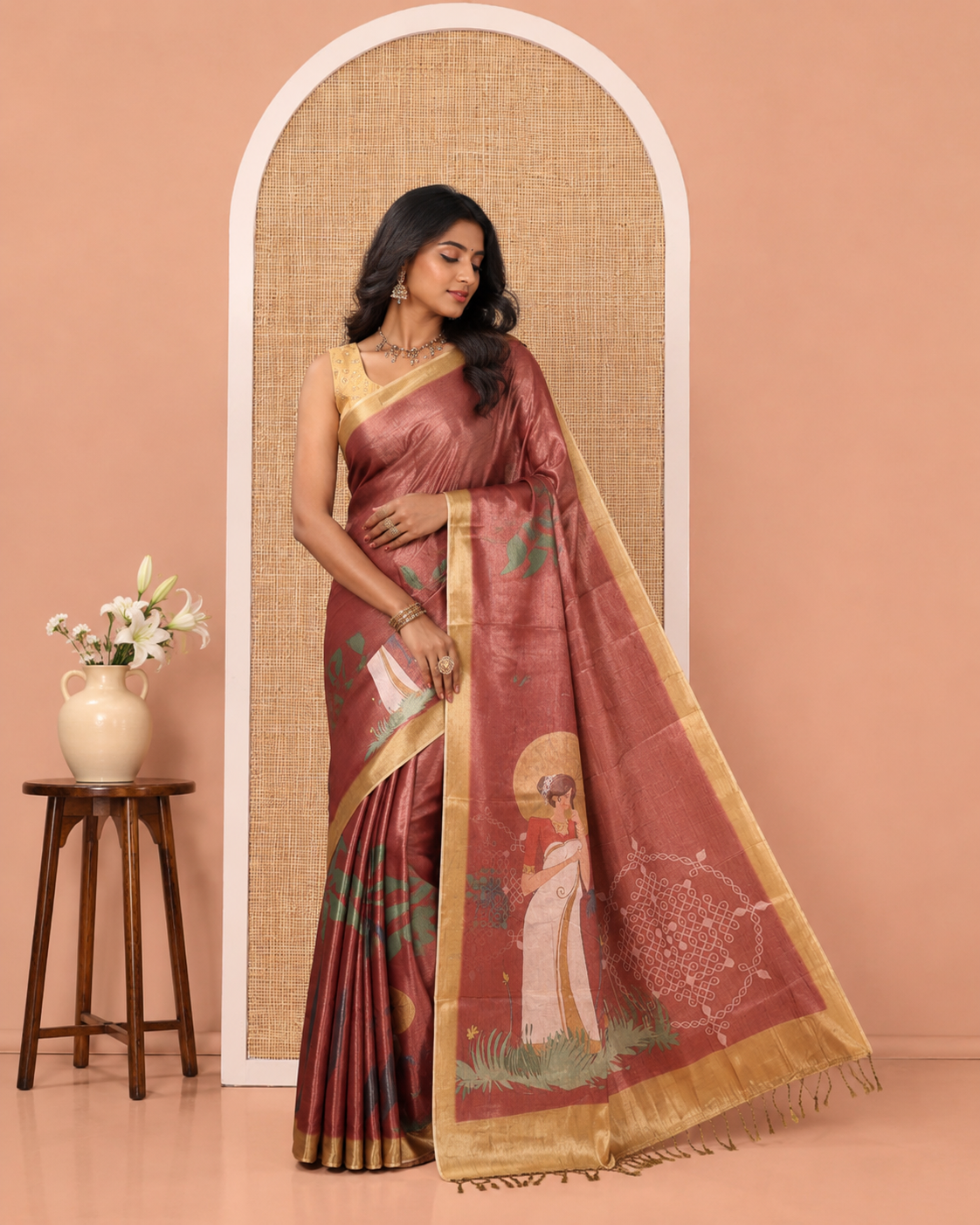 Reddish-Brown Kerala Culture-Themed Tissue Saree Features a Girl, Banana Leaf, and Kolam Motifs, Contrast Border, and Blouse