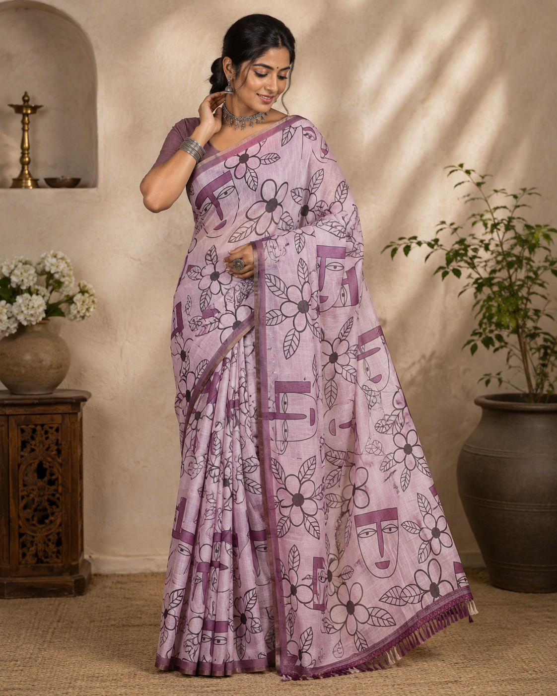 Light Purple Linen Cotton Saree, Featuring Flowers and Faces Printed on Its Body, Subtle Zari Piping Border, Pallu Mirrors the Self-Print, and Comes with a Contrast Blouse