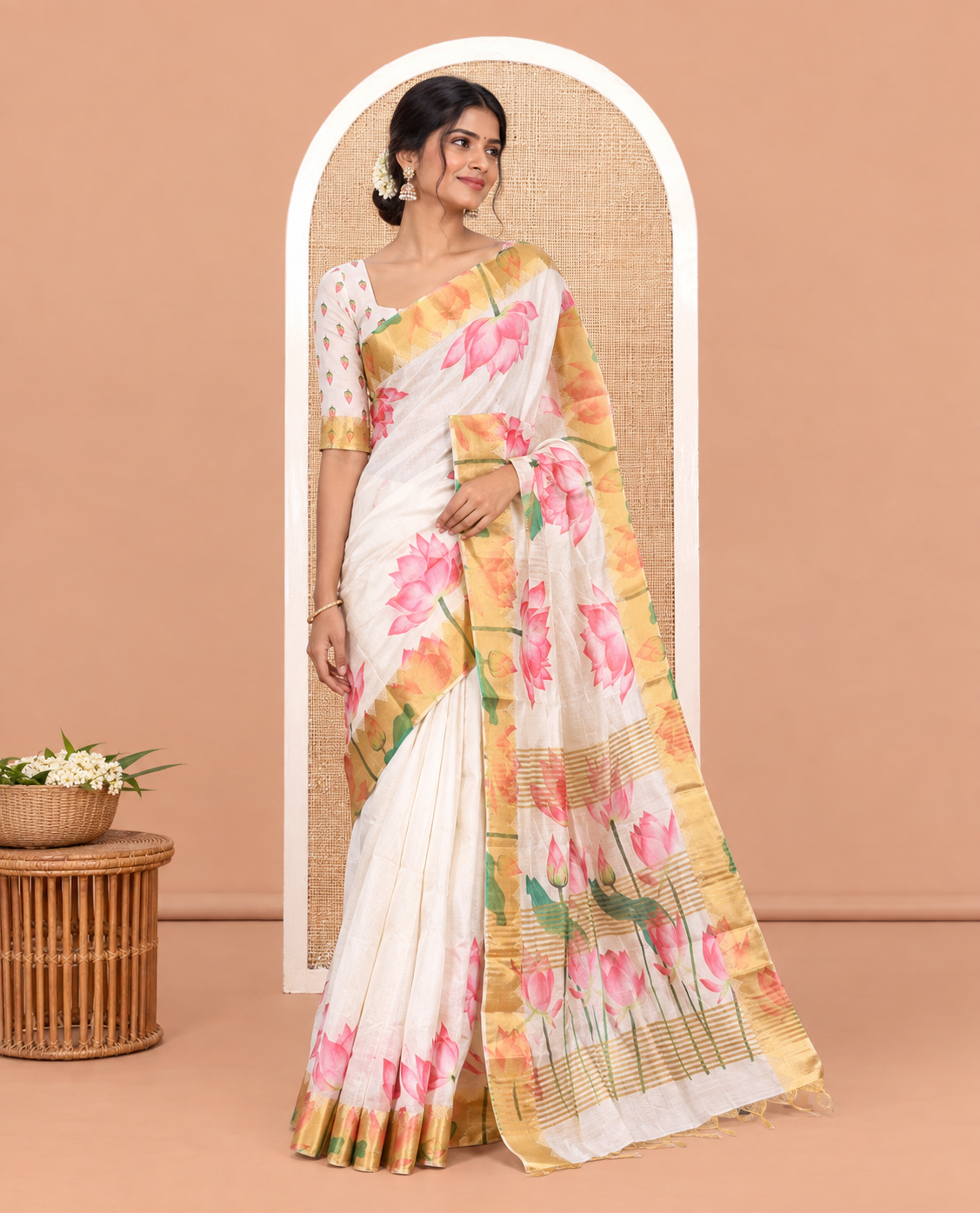 Cream Semi-Tussar Saree Features Pichwai Lotus-Printed Zari Border, and Matching Blouse
