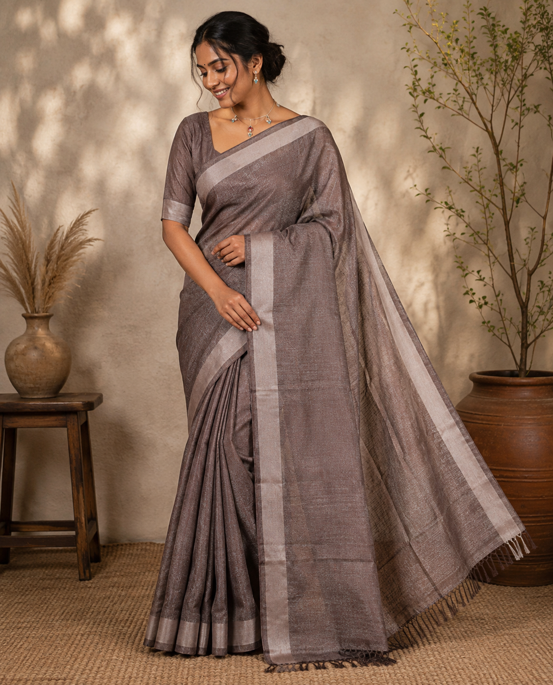 Brown Linen Cotton Saree, Gleamed Up with Gold Zari Stripes, Plain Border, a Self-Pallu, and No Blouse