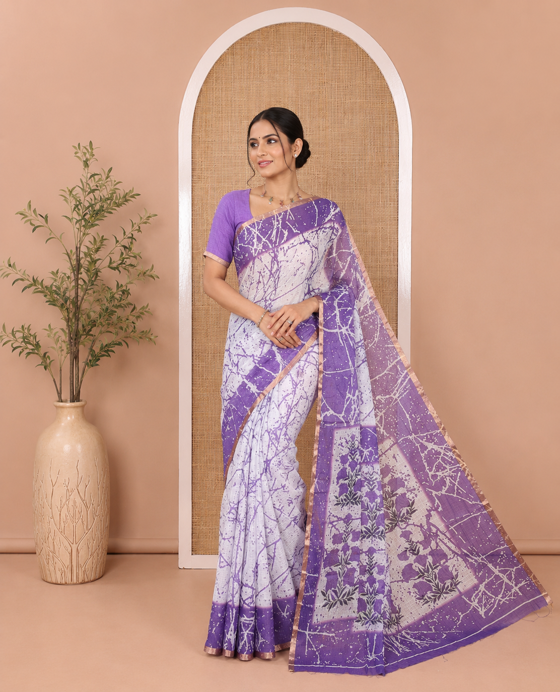 Cream and Lavender Linen Cotton Saree, Decked Up with Batik Print on Its Body, Complemented by Contrast Batik Printed Border, Pallu of Floral Print, and Paired with a Contrast Blouse