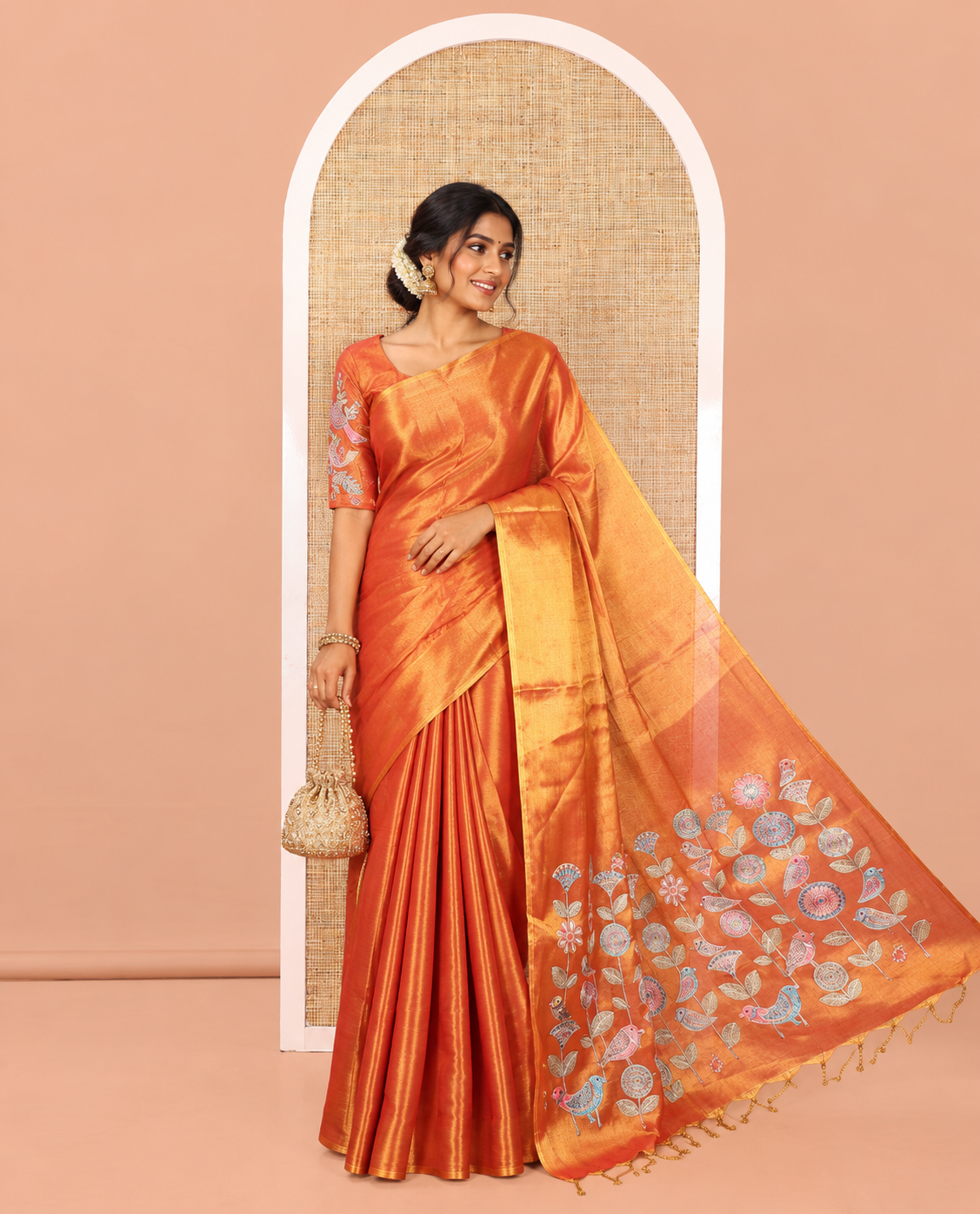 Borderless Red Tissue Saree, Enthralled with Colorful Floral-Bird Motif Printed with Outline Embroidery on Its Body, and Paired with a Readymade Elbow-Sleeve Round-Neck Blouse