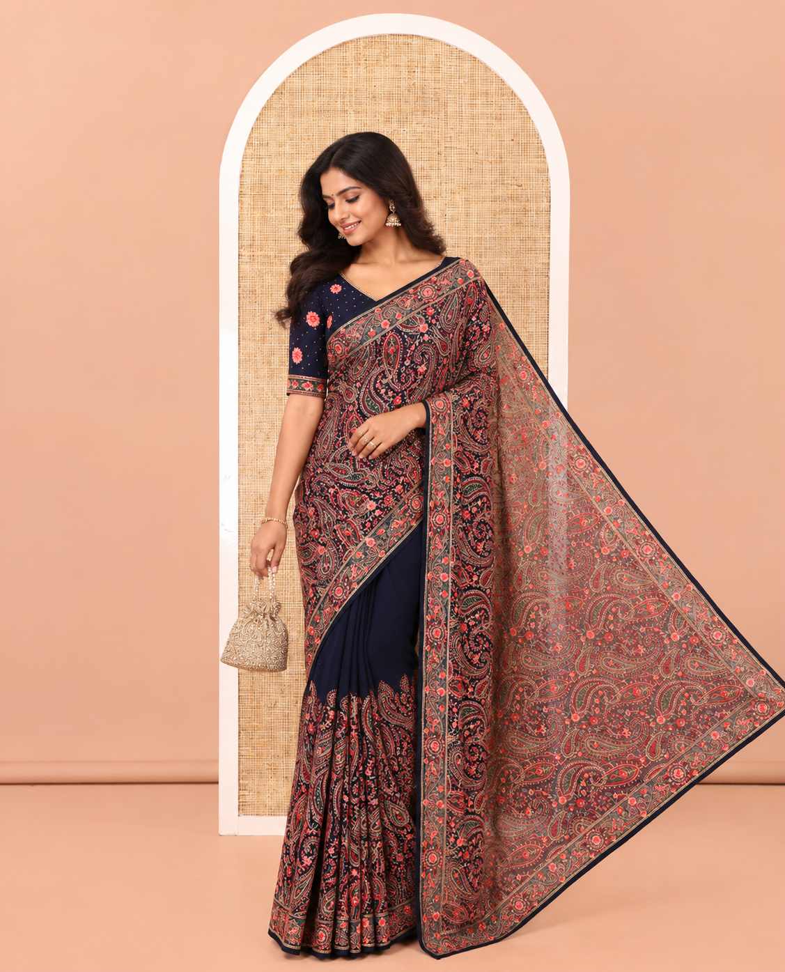 Navy Blue Georgette Saree, Ornamented with Intricate Paisleys, Kashmir Embroidered and Stone Work on Its Body, a Self-Embroidered Border, and Paired with an Embroidered Blouse