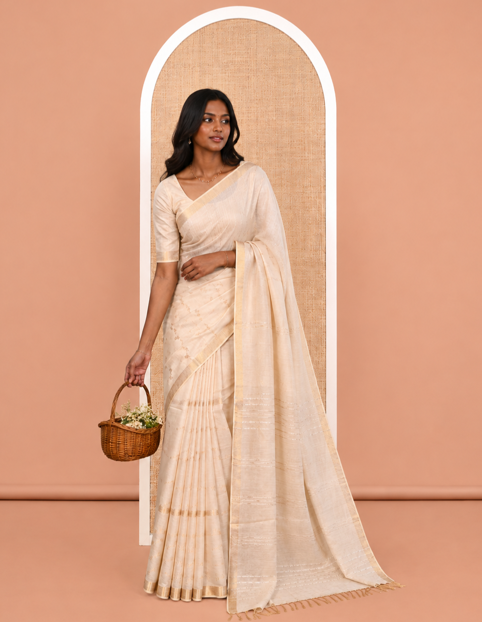 Cream Bhagalpur Cotton Saree, Adorned with Zari Buttas, a Temple Zari Border, Self-Pallu, and a Matching Blouse