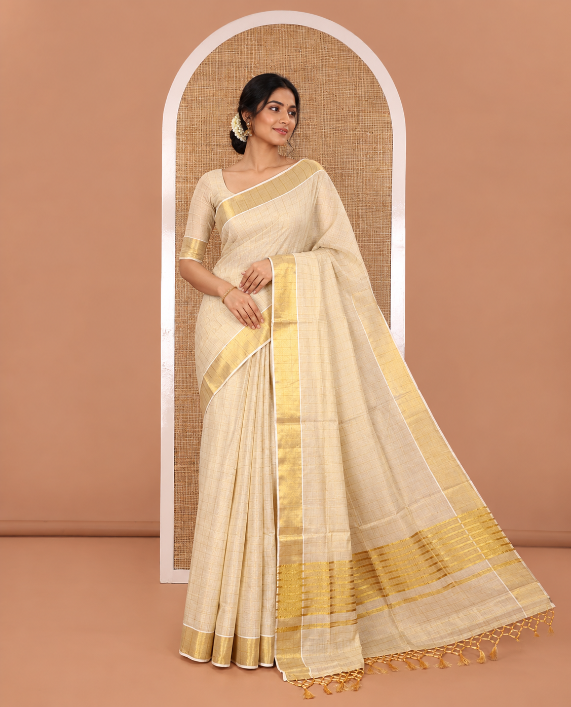 Gold Kerala Cotton Saree, Gleamed Up with Medium-Sized Checks All Over Its Body, Subtle Bavanji Border, Scintillating Zari Design Pallu, and Paired with a Matching Blouse