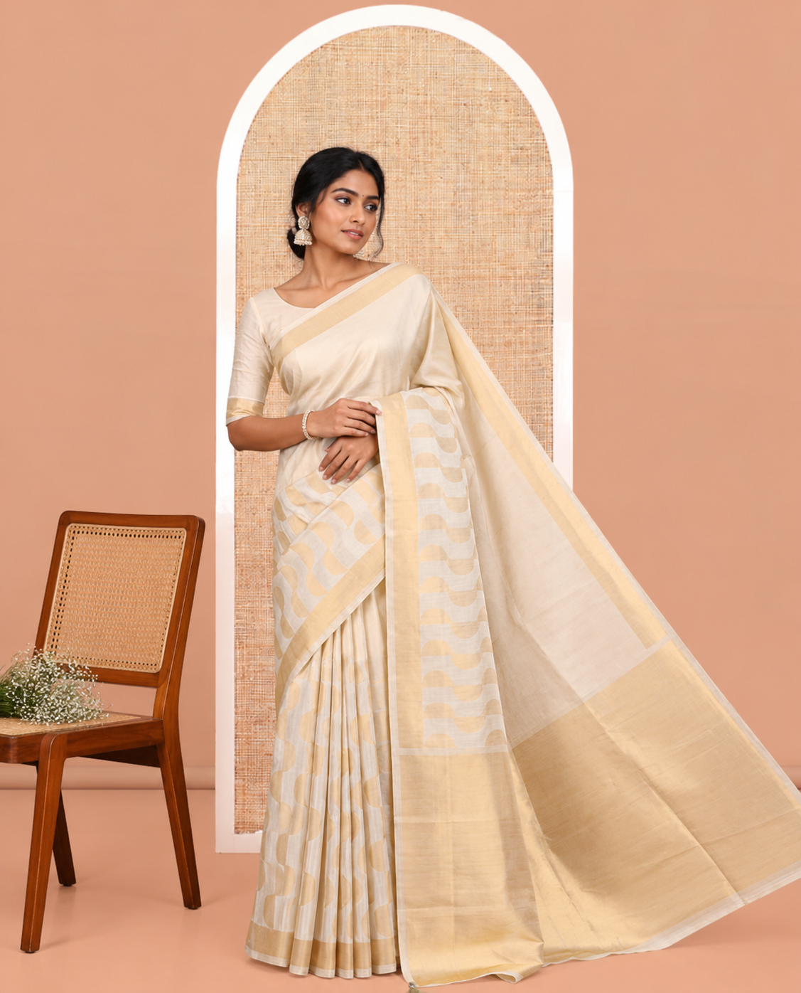 Gold Tissue Saree Adorned with Zari Stripes and Geometric Designs, a Zari Border, a Matching Blouse