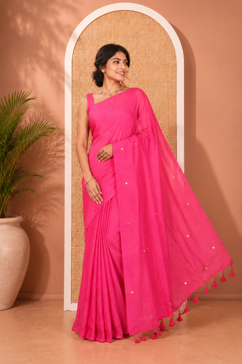 Borderless Rani Pink Mul Cotton Saree, Subtly Sparkled With Big Sequins Work On Its Body, a Self-Pallu and Paired with a Matching Blouse
