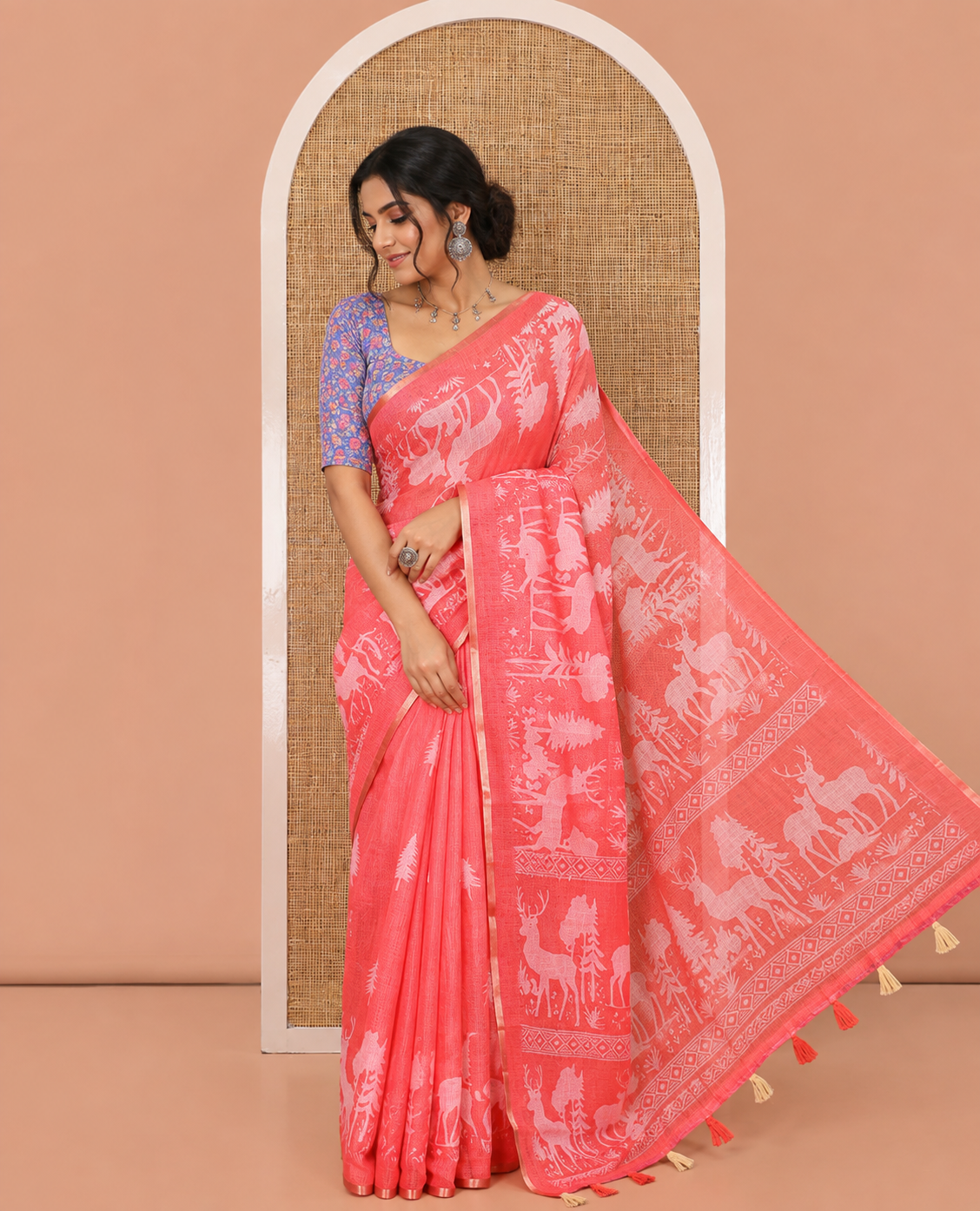 Pink Christmas-Themed Linen Cotton Saree, a Subtle Piping Border, a Christmas-Themed Print Pallu, a Contrast Blouse