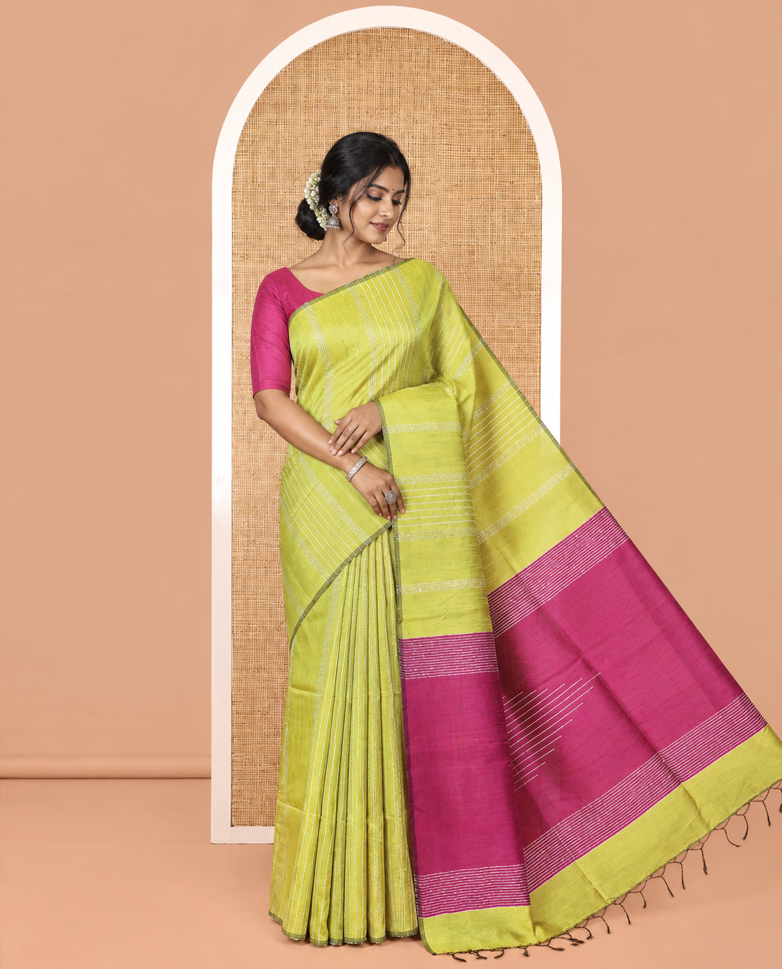 Borderless Green-Magenta Semi-Raw Silk Saree, Decorated with Sequined Stripes, a Contrast Zari Striped Pallu, and Contrast Blouse