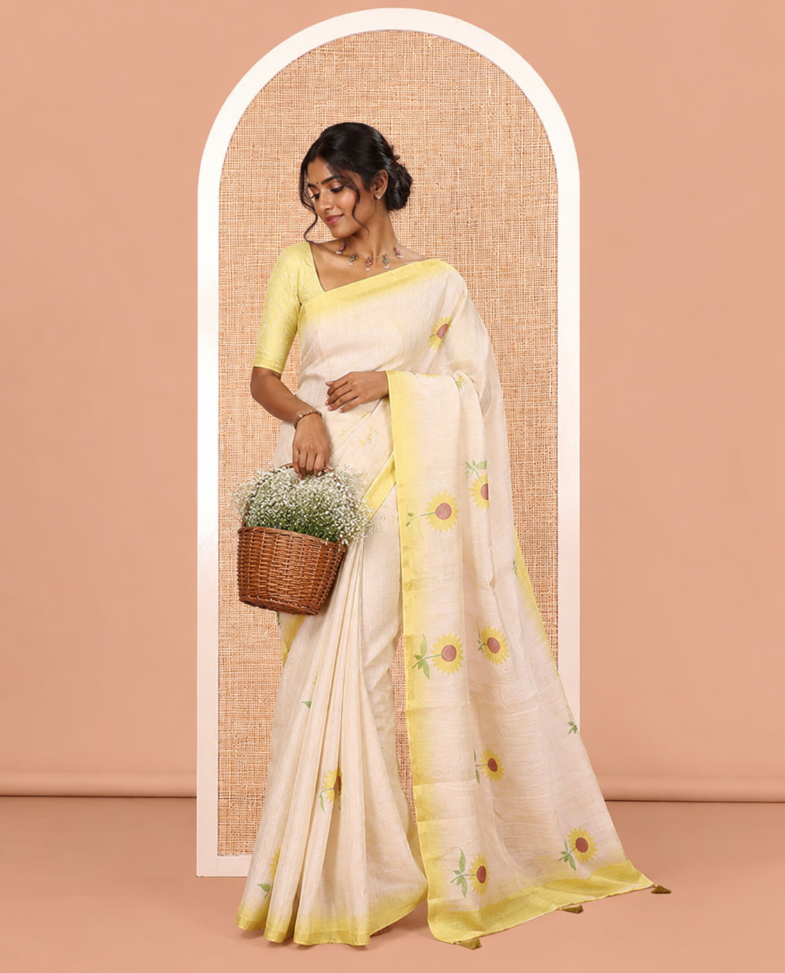 Gold-Yellow Tissue Linen Saree Features Sunflower Motifs, a Contrast Border, and a Contrast Blouse