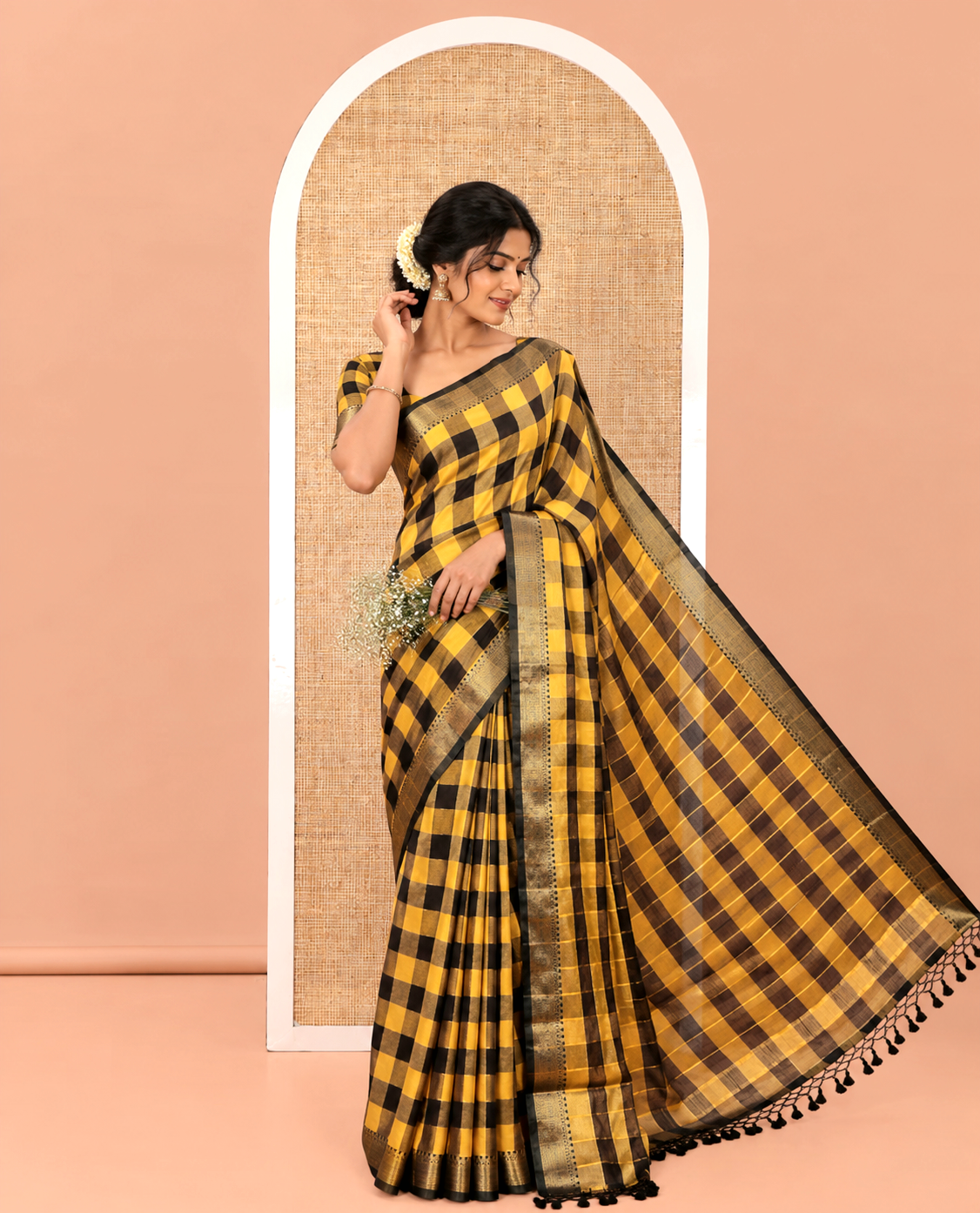 Yellow Checked Khadi Mul Cotton Saree, Highlighted by Zari Traditional Border, Zari Checked Pallu, and Paired with a Matching Blouse