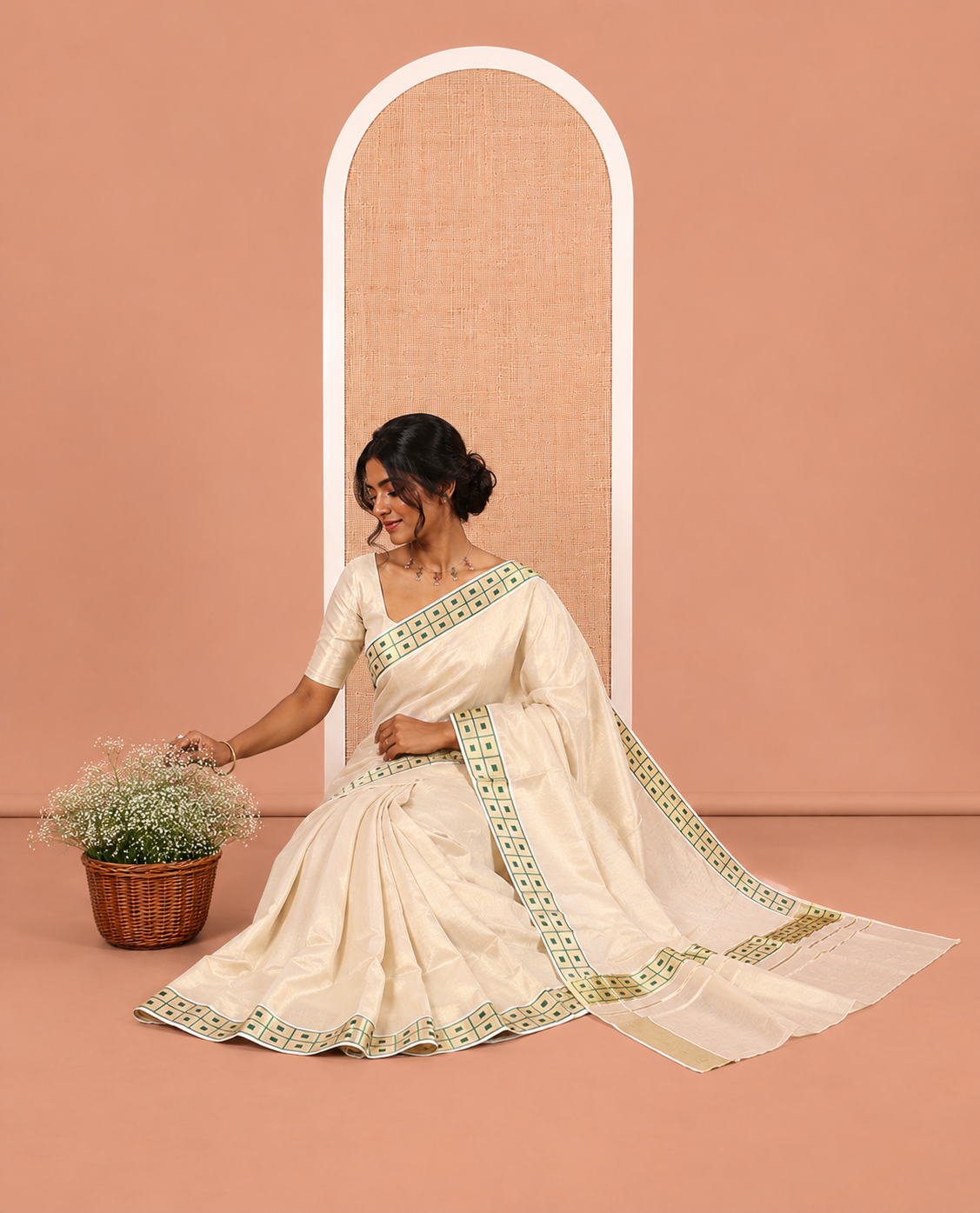 Gold-Green Plain Kerala Tissue Saree Features a Butta Enclosed Checked Border, and a Matching Blouse