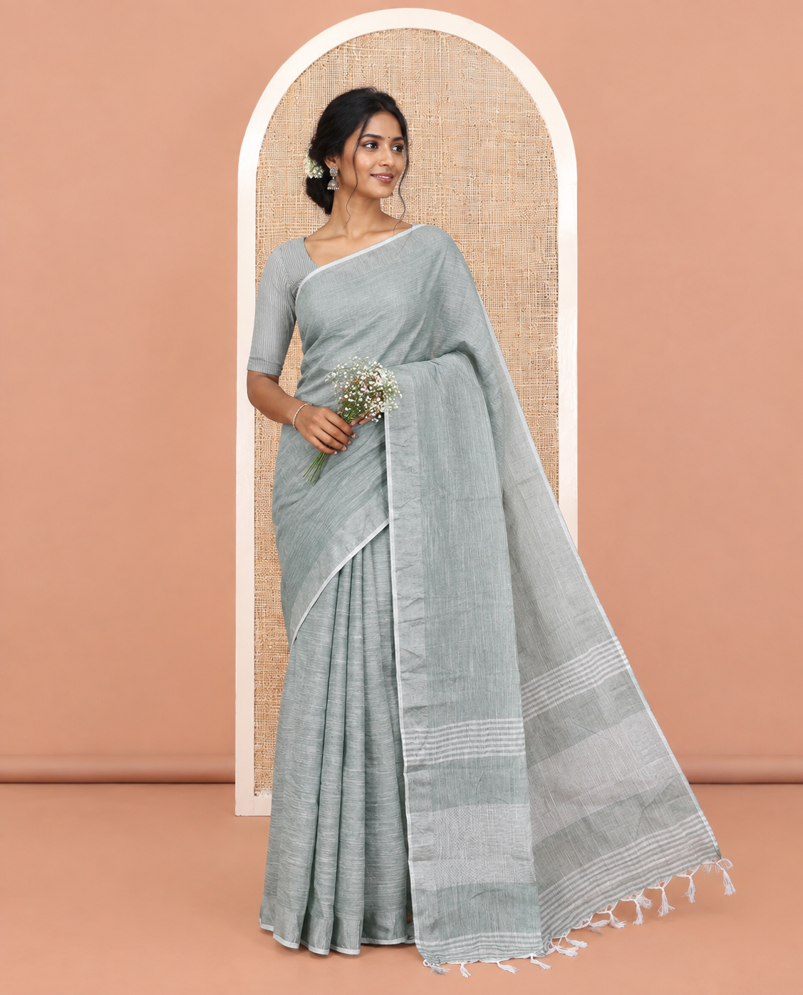 Green Plain Linen-Cotton Saree, a Zari Border, Striped Pallu, and a Matching Blouse