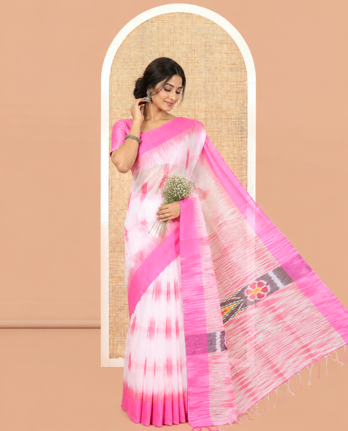 White-Pink Khadi Cotton Saree, Woven with Ikat Buttas, Contrast Blouse, Ikat Pallu, Matching Blouse