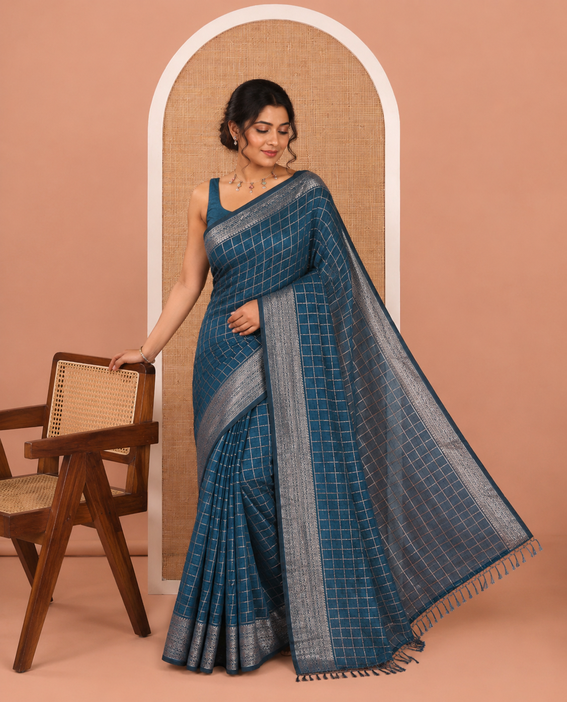 Blue Vichitra Saree, Adorned with Medium-Sized Checked Design on Its Body, Highlighted by a Traditional Design Border, Self-Pallu, and Comes Without a Blouse