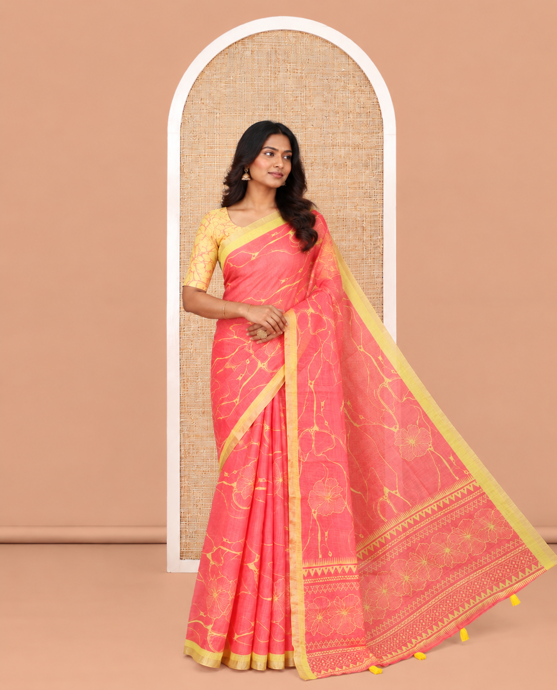 Pink Abstract Floral Printed Linen Cotton Saree, a Contrast Plain Border, and a Contrast Blouse