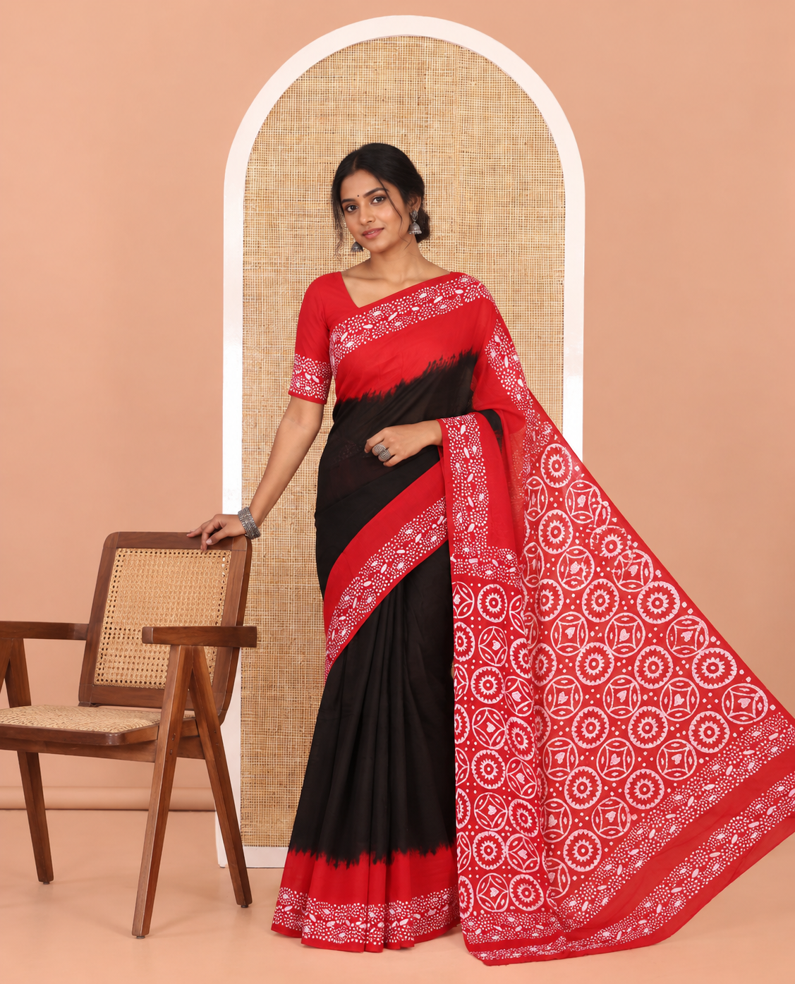 Black-Red Plain 60gm Georgette Saree, Contrast Batik Floral Printed Border, Batik Geometric Printed Pallu, and a Matching Blouse