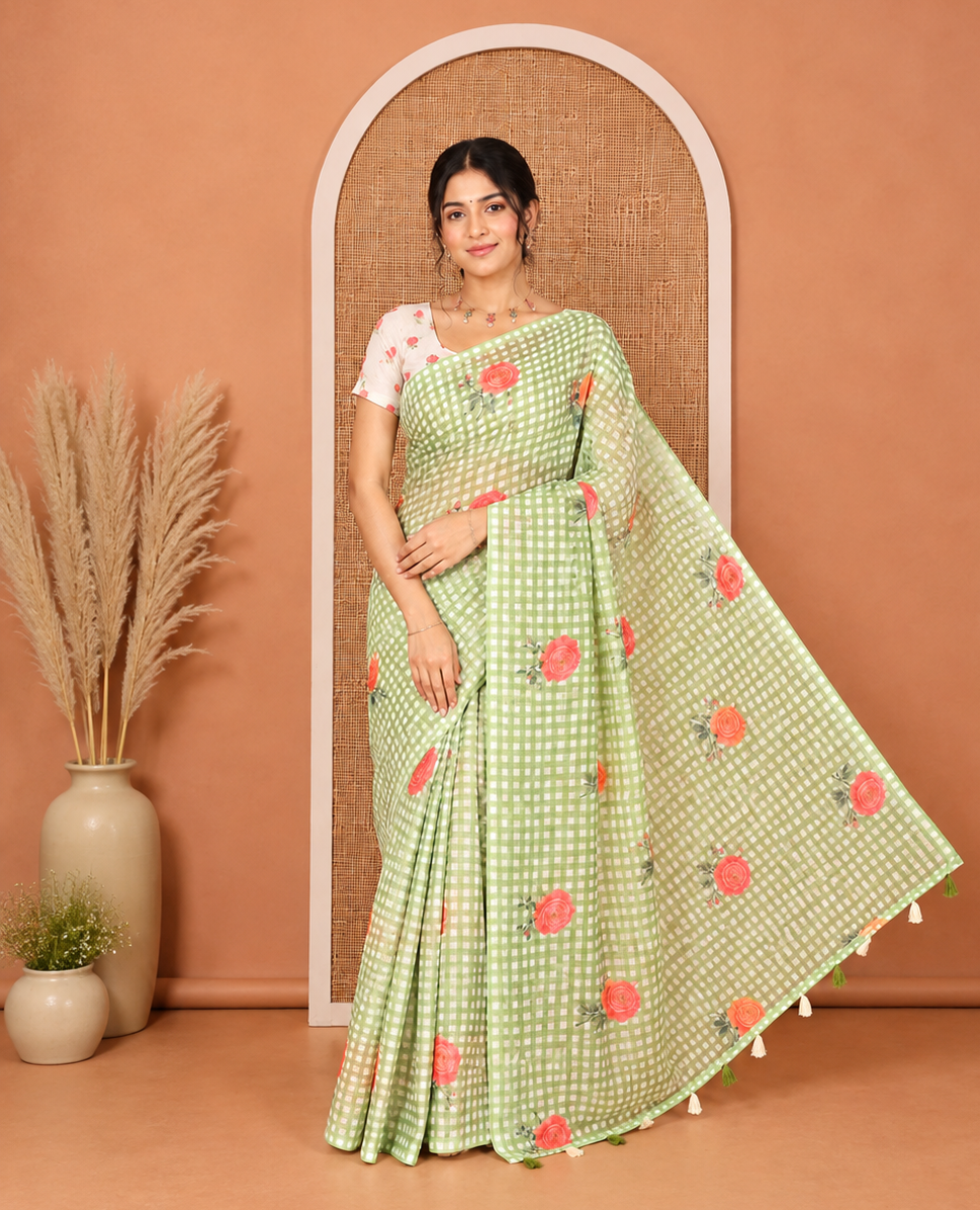 Borderless Green Linen Cotton Saree, Adorned with Checked Design and Rose Motifs on Its Body, a Self-Pallu, and Paired with a Contrast Blouse