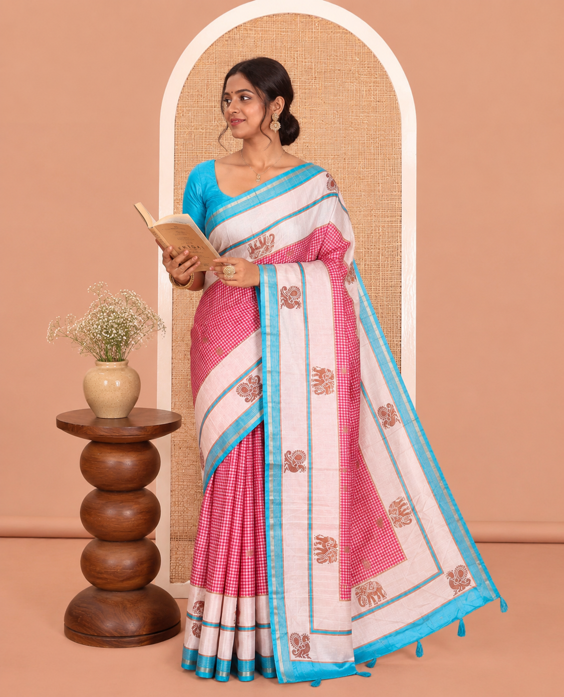 Red Semi-Raw Silk Saree Features Buttas and Micro-Checks, Contrast Peacock-Elephant Border, Contrast Blouse
