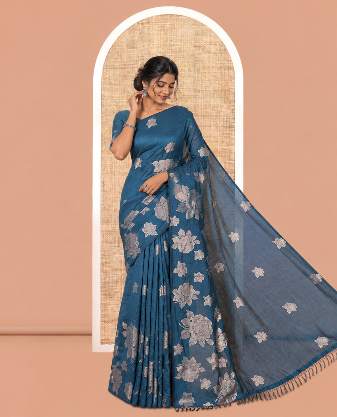 Borderless Peacock Blue Rose Floral Printed Vichitra Silk Saree, Self-Pallu of Floral Designs, and No Blouse