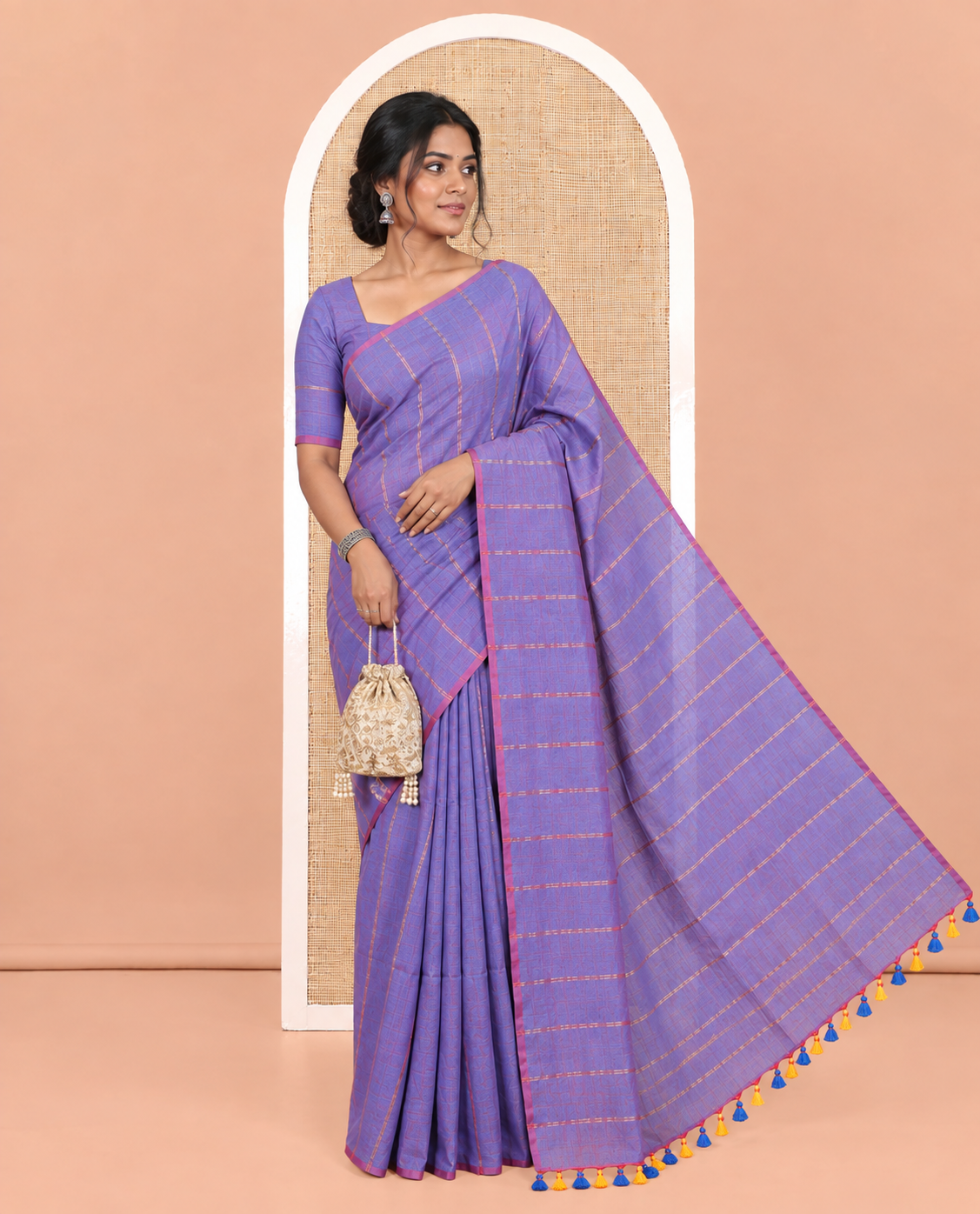Borderless Blue Khadi Cotton Saree Features Double Stripes, a Self-Pallu of Tassels, and a Matching Blouse