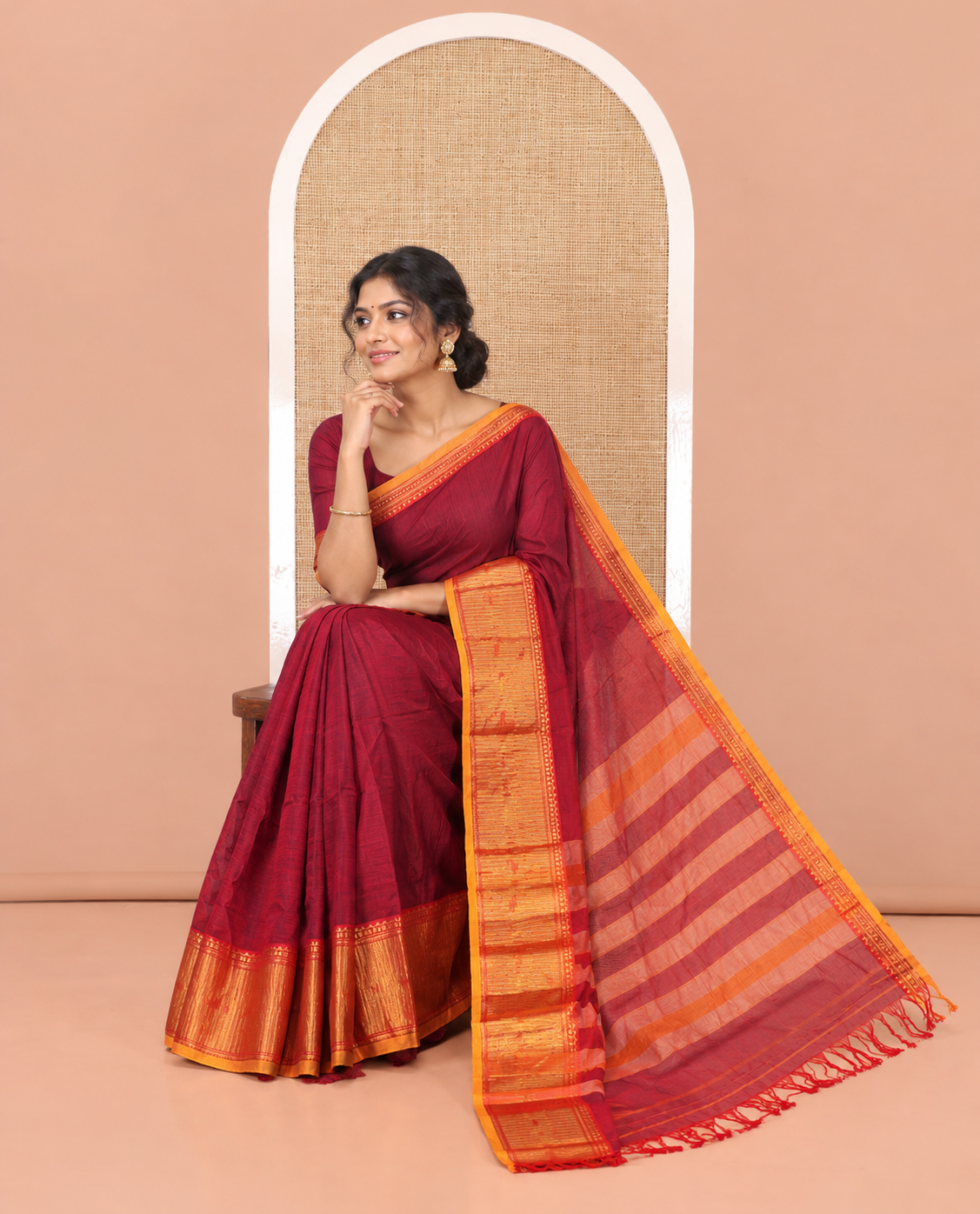 Purple Mercerised Cotton Saree, Complemented by Contrast Traditional Design Temple Border, a Subtly Striped Pallu, and Has a Matching Blouse