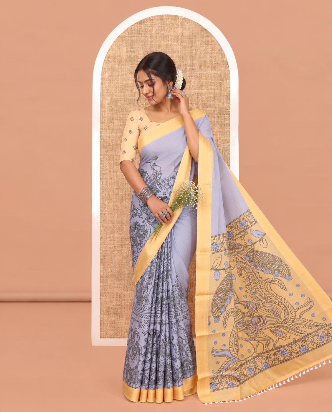 Grey Mangalagiri Cotton Saree Features Kalamkari Flora-Fauna-Humans, a Contrast Border, and Printed Blouse