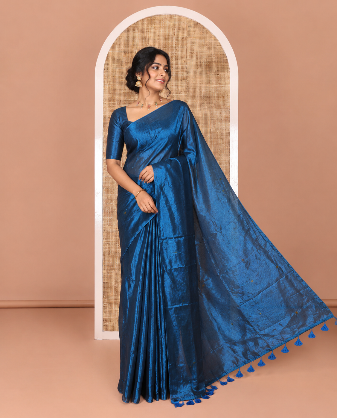 Borderless blue mirror work khadi tissue saree, mirror work pallu, and a matching blouse