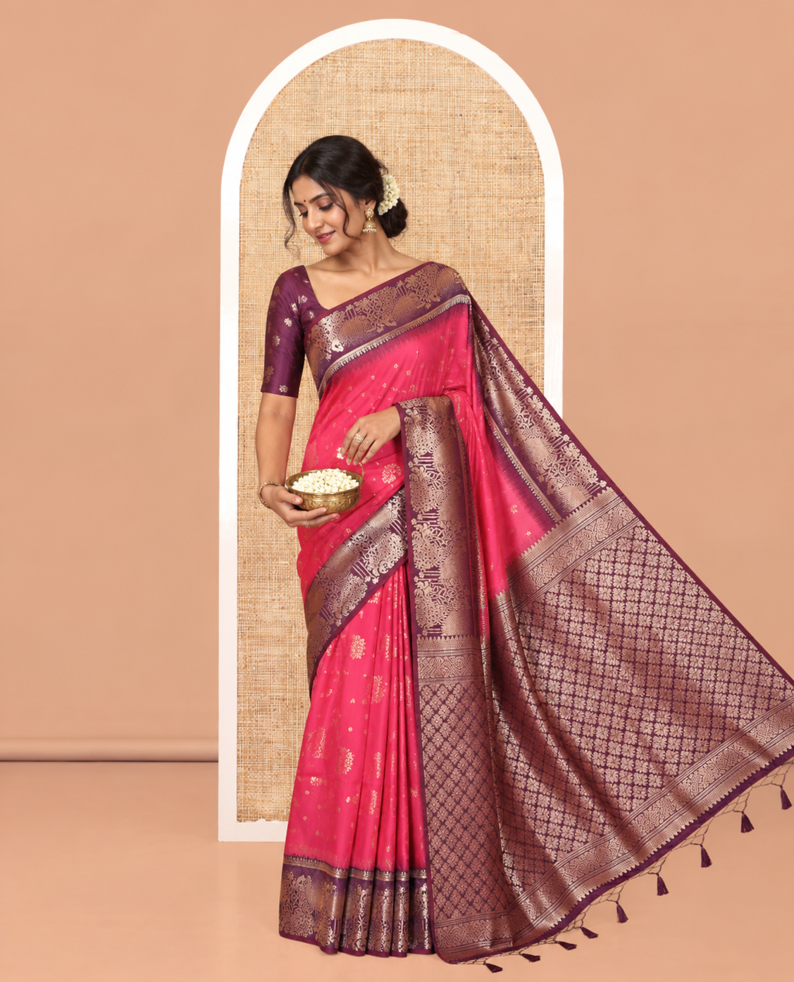 Rani Pink Elite Soft Silk Saree, Enriched with Zari Buttas on Its Body, Complemented by a Contrast Peacock-Floral Zari Blouse, Intricately Designed Pallu, and Paired with a Contrast Blouse