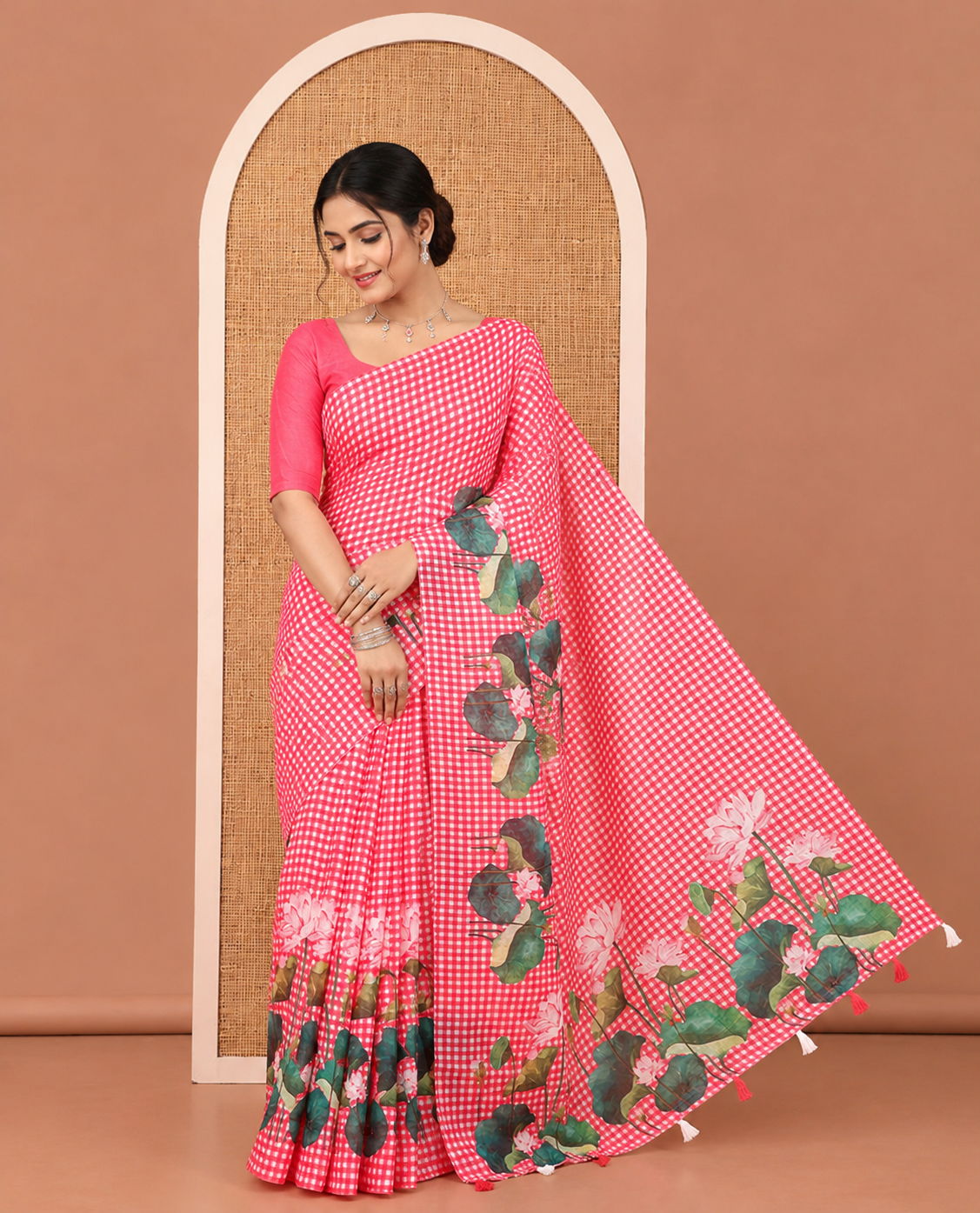 Borderless Pink Linen Cotton Saree, Accentuated with Micro-Checks and Pichwai Lotus Print, a Subtle Pallu, and a Matching Blouse