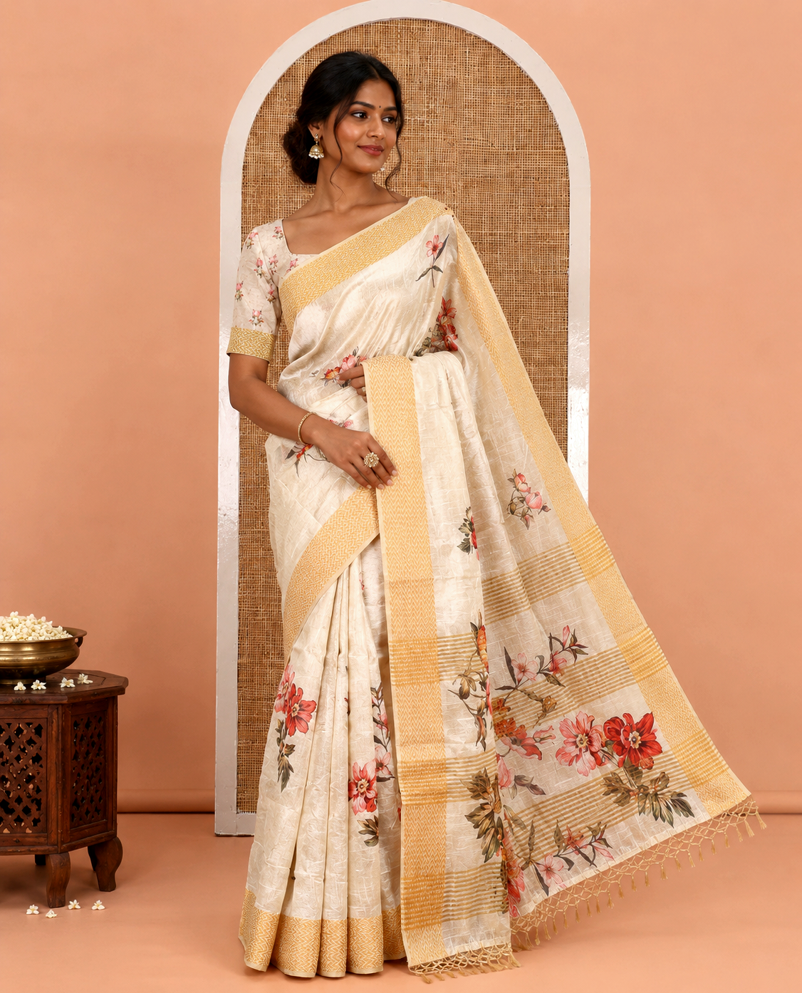 Cream Semi-Tussar Saree, Prettified with Floral Print, Zari Chevron Striped Border, and a Matching Blouse