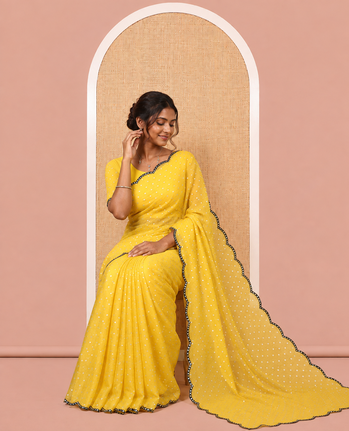 Yellow Shimmer Chiffon Saree, Steeped with Buttas, a Scallop Mirror Work Border, and a Matching Blouse
