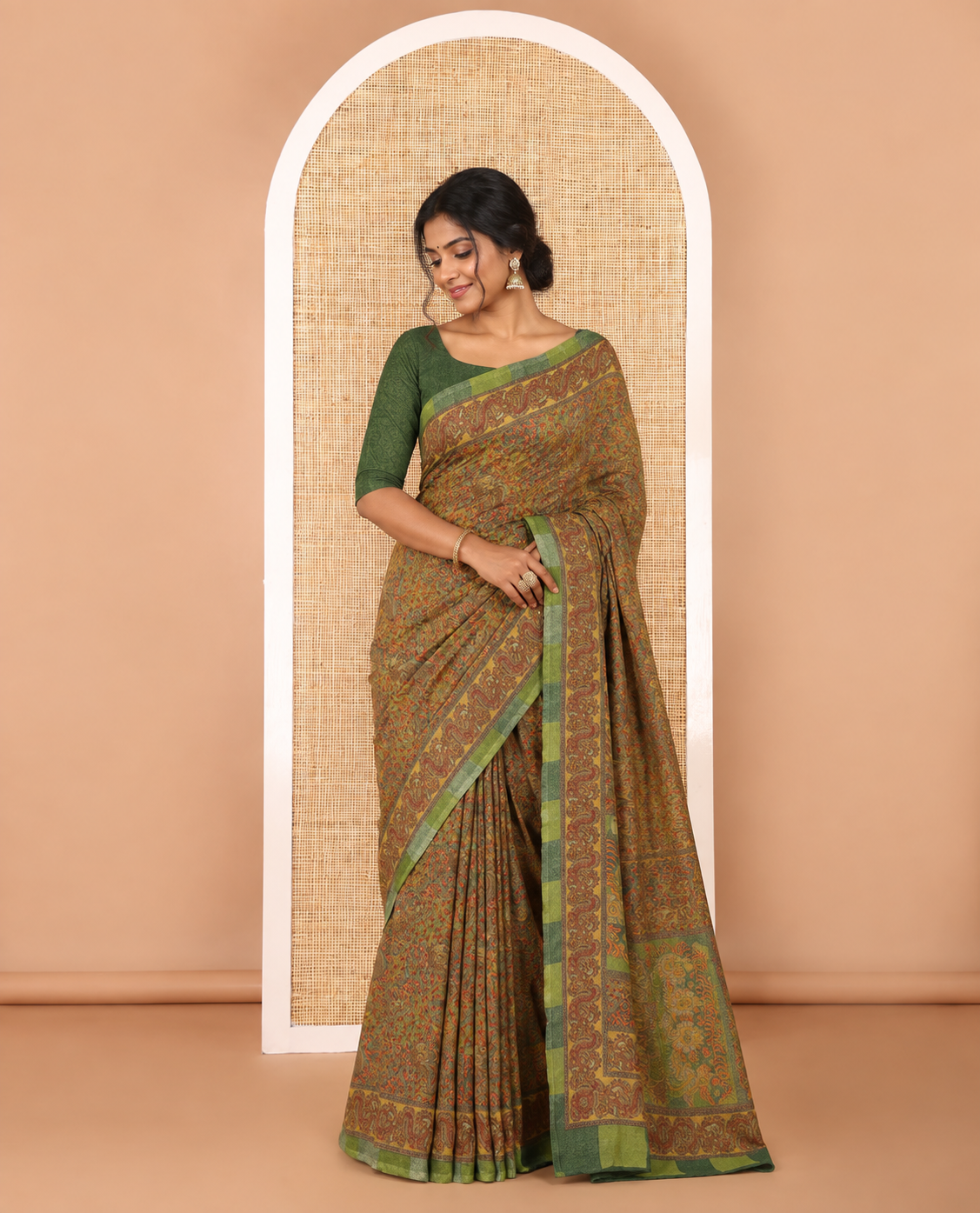 Green intricate floral & bird printed kimaya saree, peacock printed border, printed pallu & contrast printed blouse