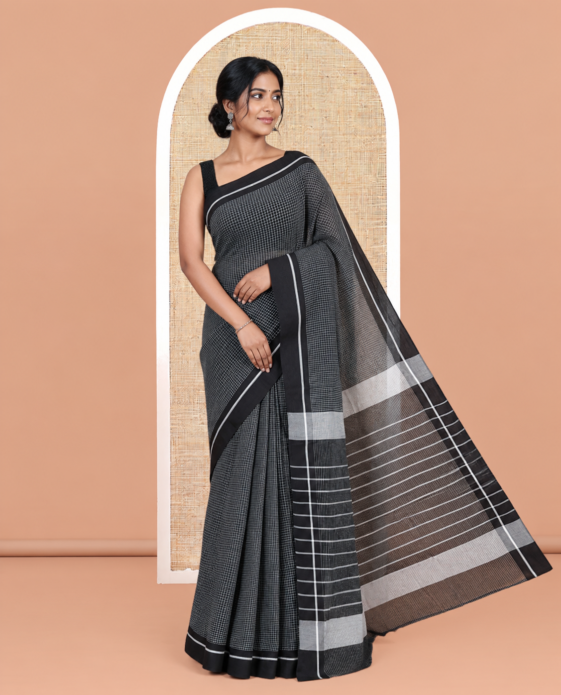 Black Micro-Checked Chettinad Cotton Saree, a Self-Border, Striped Pallu, No Blouse