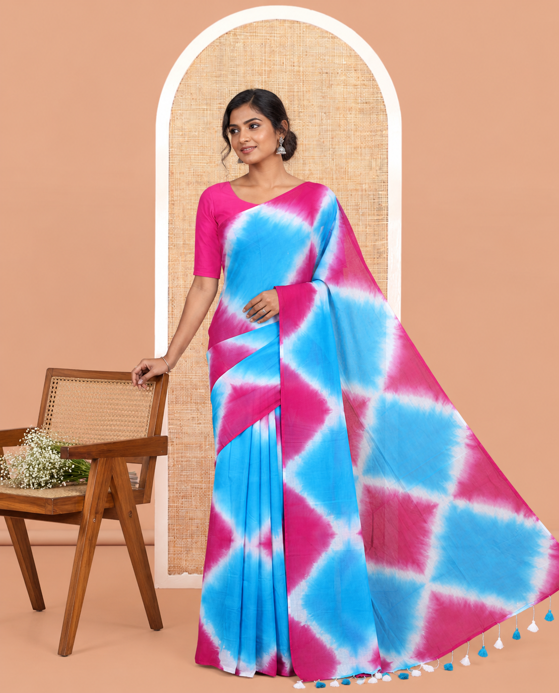 Borderless Blue-Pink Diamond Shibori Printed Khadi Mul Cotton Saree, and No Blouse
