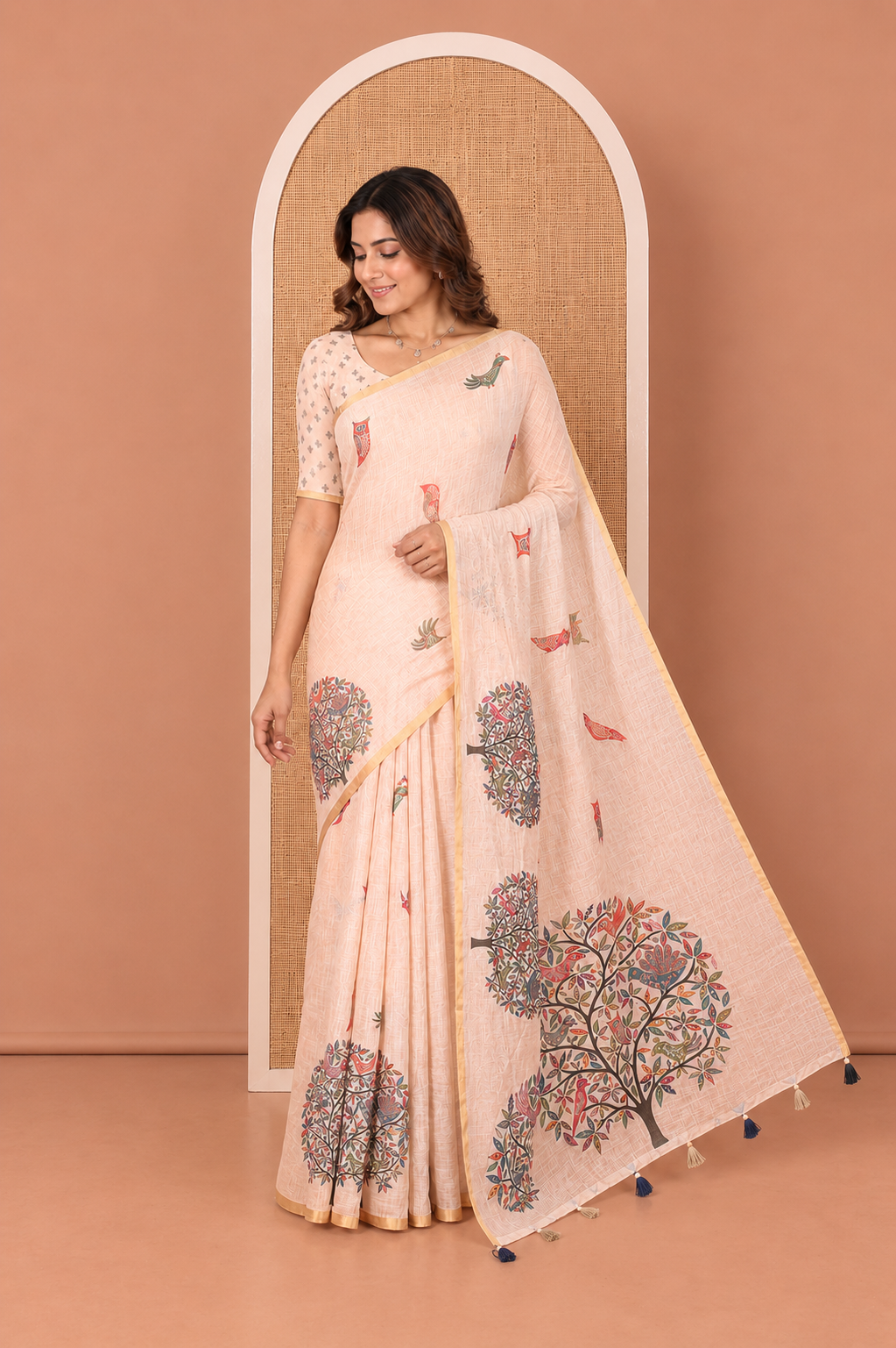 Cream Linen Cotton Saree, Steeped in the Richness of Nature-Themed Motifs Like Bird, Owl, and Tree, a Subtle Piping Border, Pallu of Tree Motifs, and Paired with a Matching Blouse