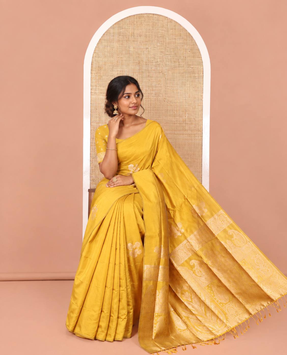 Borderless Mustard Kanchi Silk Saree, Subtly Sparkled with Zari Buttas, Mughal-Style Intricately Woven Pallu, and a Matching Blouse