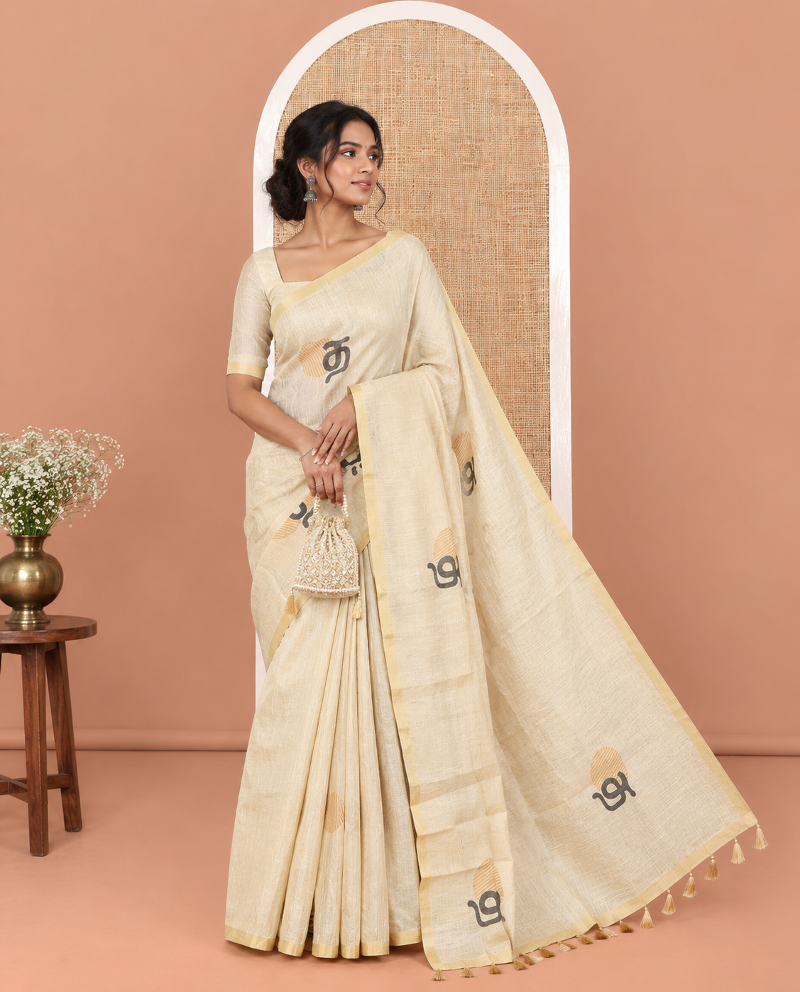 Gold Tissue Linen Saree Features Tamil Letter Print, a Piping Border, and a Matching Blouse