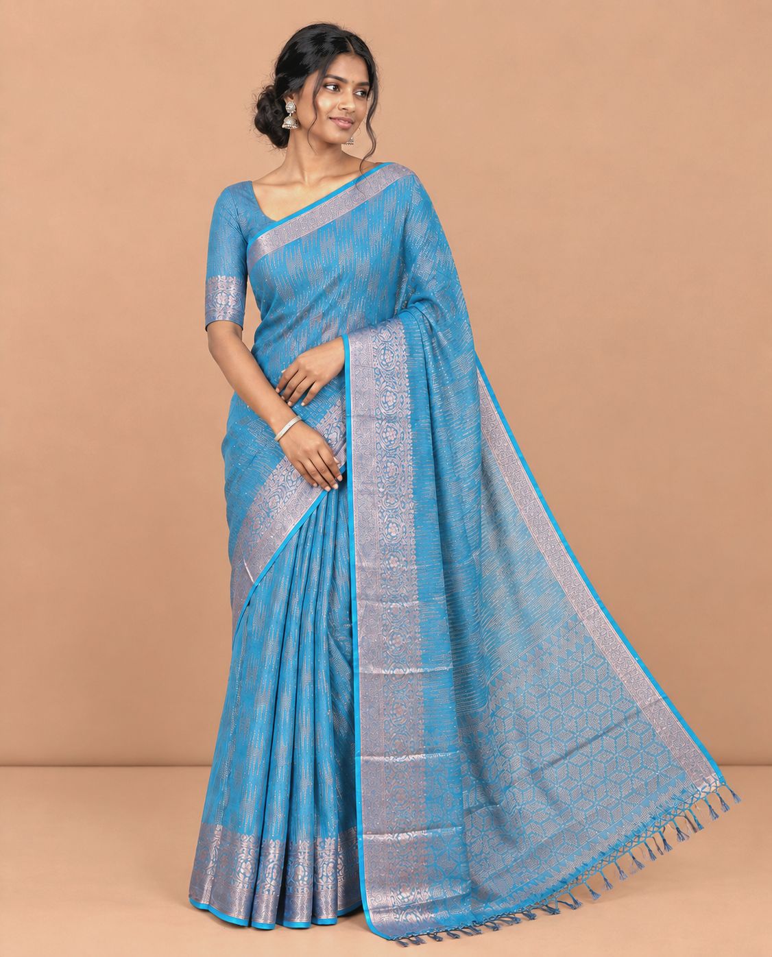 Blue Chiffon Saree, Richly Elevated with Ikat-Style Weave and Stonework, a Traditional Border, a Floral Design Pallu, and a Matching Blouse