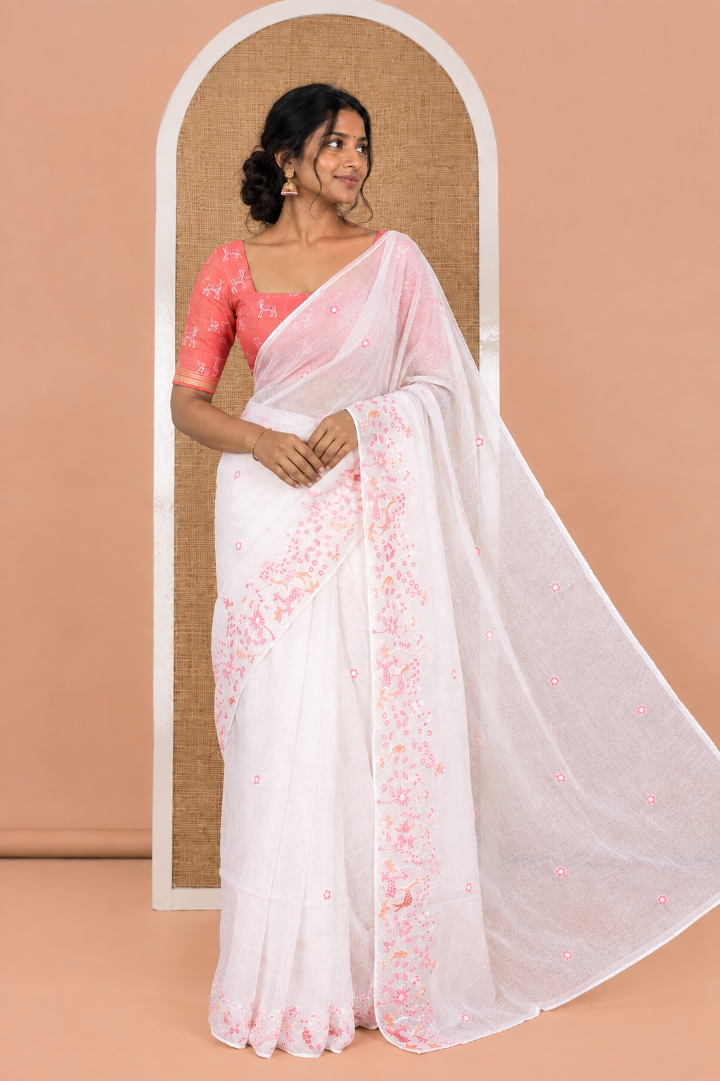 White Kota Doria Saree, Delicately Woven with Floral and Deer Embroidery, a Scallop Border, and a Contrast Deer Embroidery Blouse